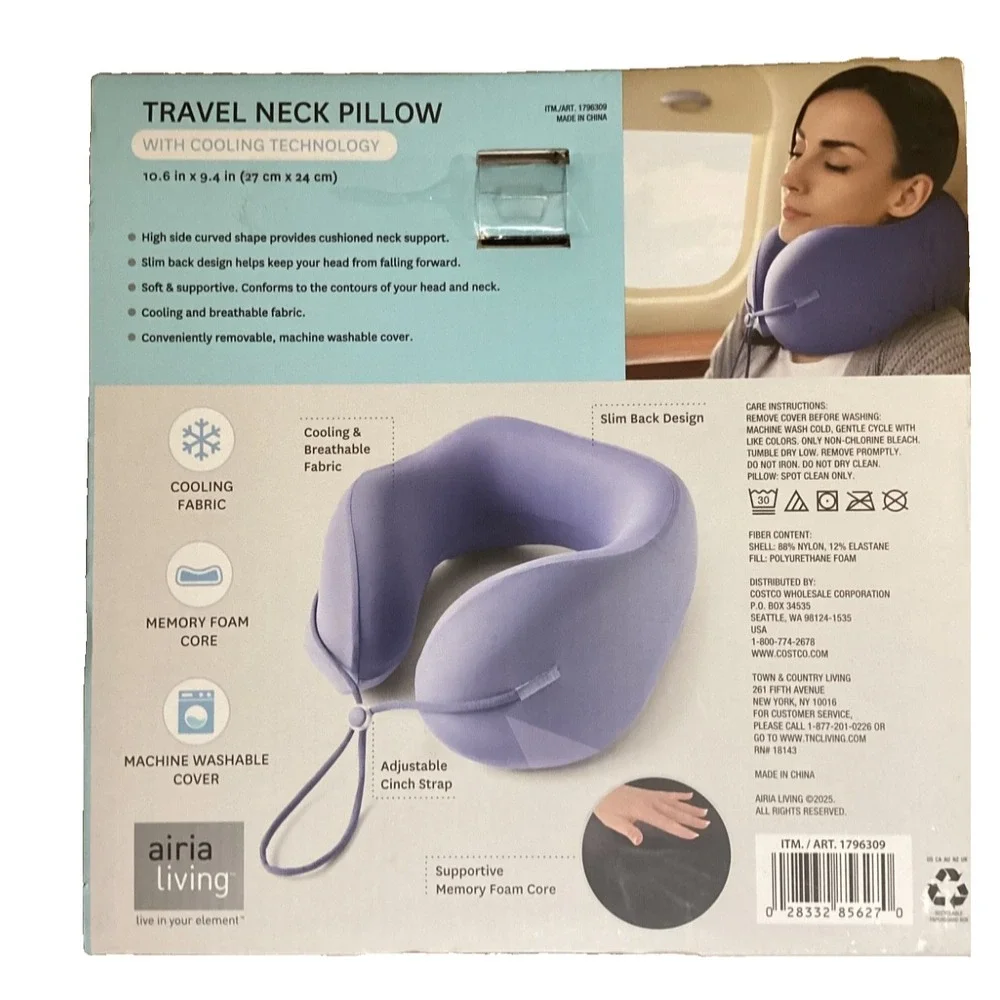 Airia Living Travel Neck Pillow Cooling Technology Washable Cover Costco NWT